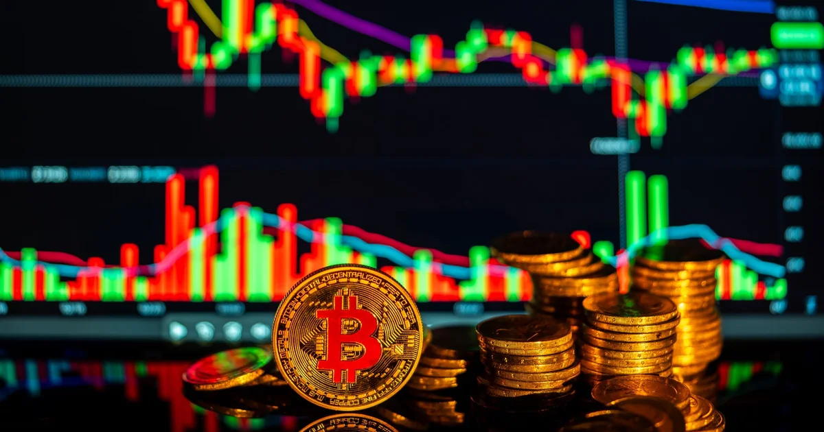 Bitcoin coins and a broken digital padlock over a keyboard
