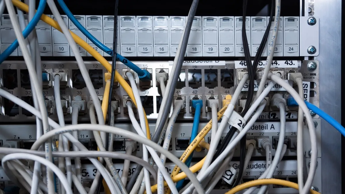 Data center interior with racks and LED lights