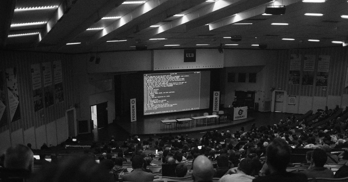 Technology event with speakers and audience about artificial intelligence