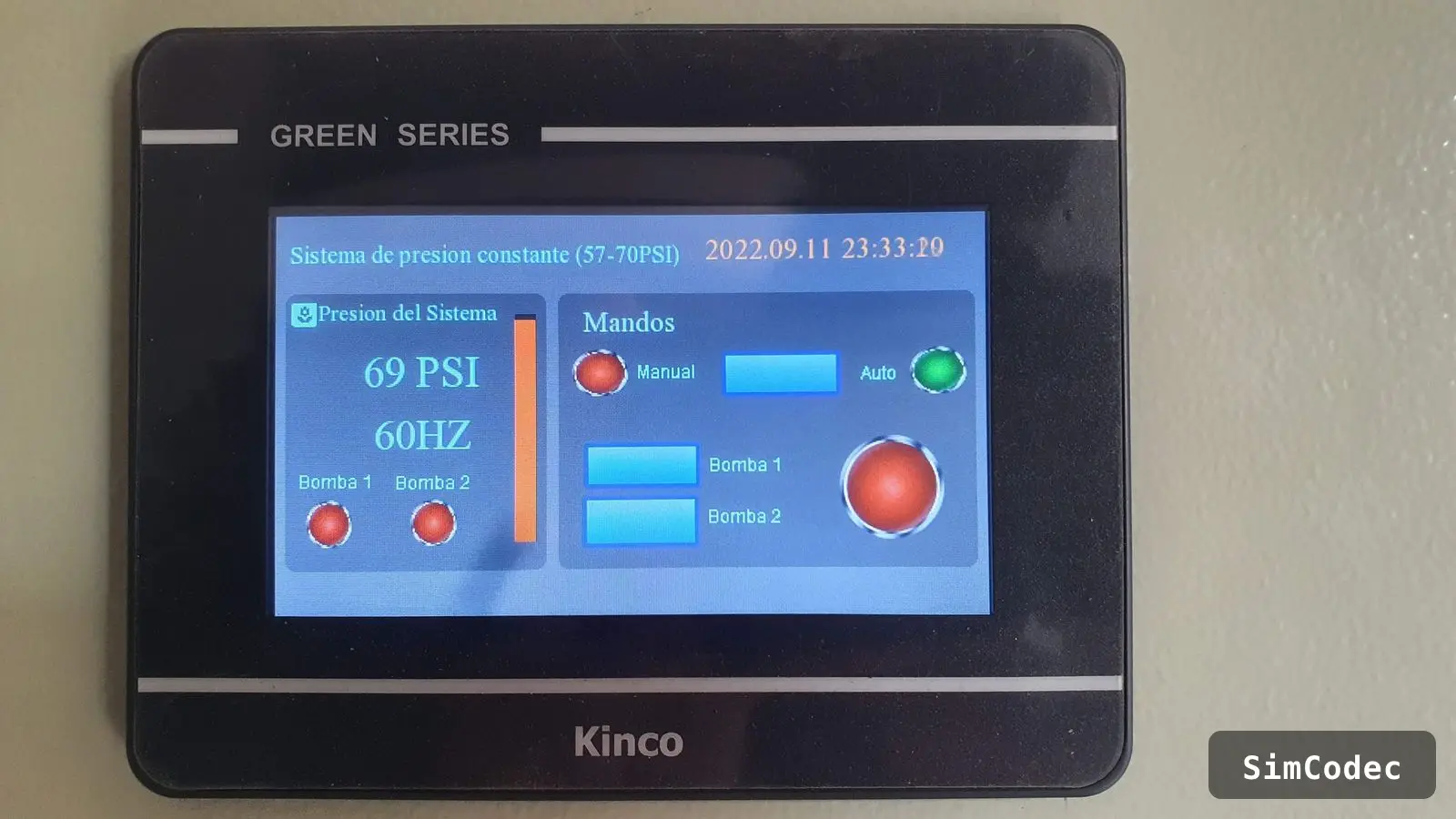 HMI showing system pressure